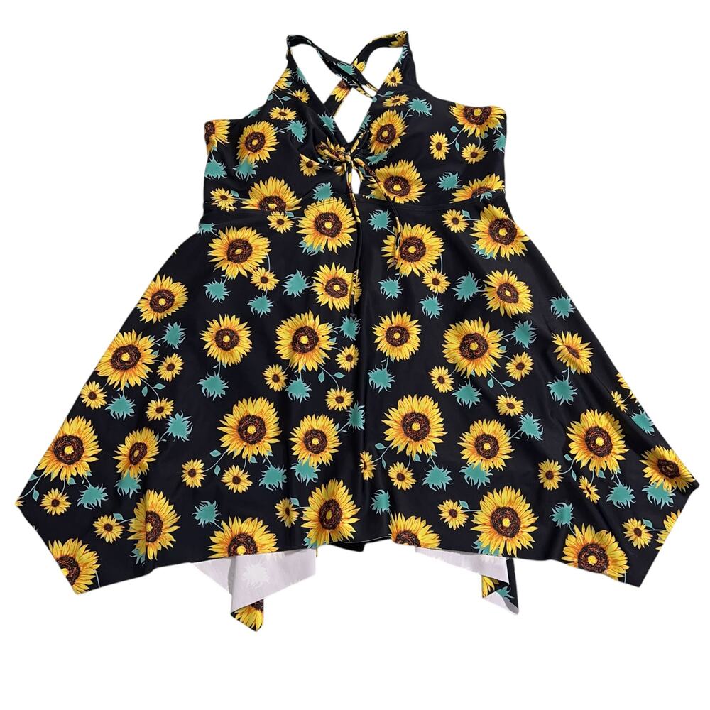 Hanna Nikole Womens Swimsuit Dress Sunflower Print Asymmetrical Hem Blue Yellow